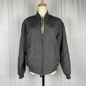 Vintage Lew Magram Silk Quilted Pearl Bead Bomber Jacket - Gray - Women's Medium